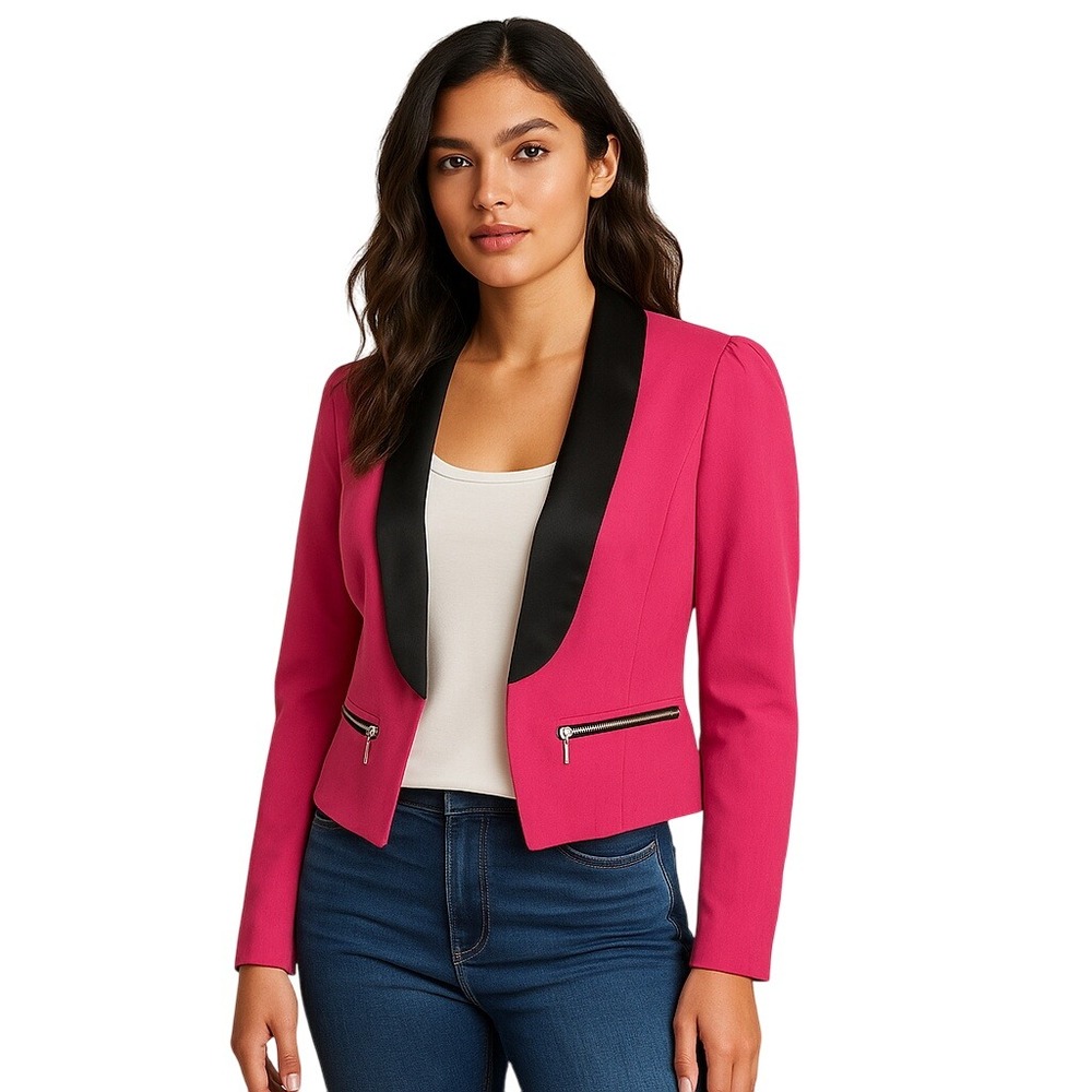 Candies Pink Tuxedo Blazer Sz M Raspberry Sorbet Satin Bow Back Zip Pockets
